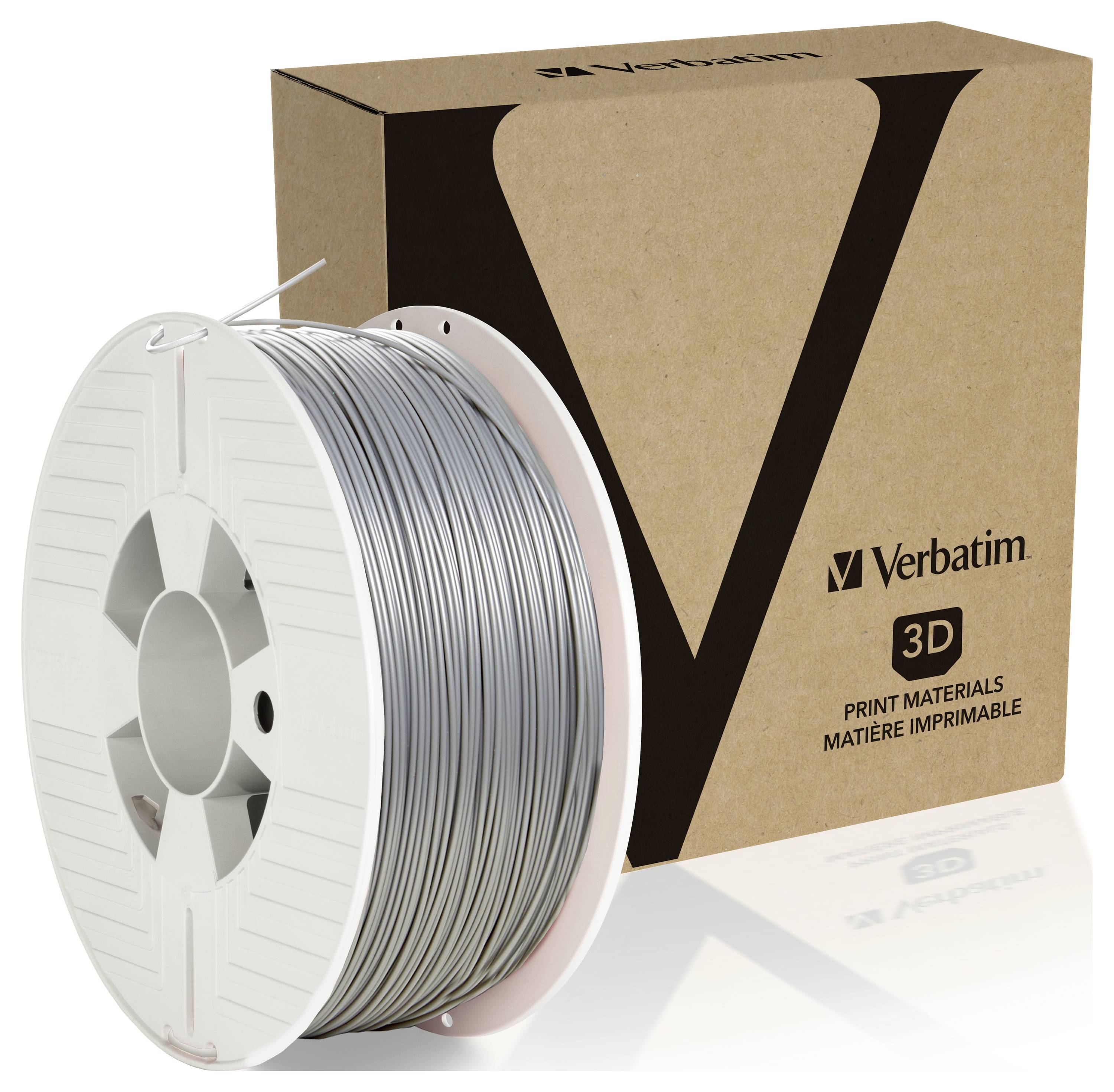 Bobine de filament d'impression 3D devant un emballage portant le logo 'Verbatim 3D'.