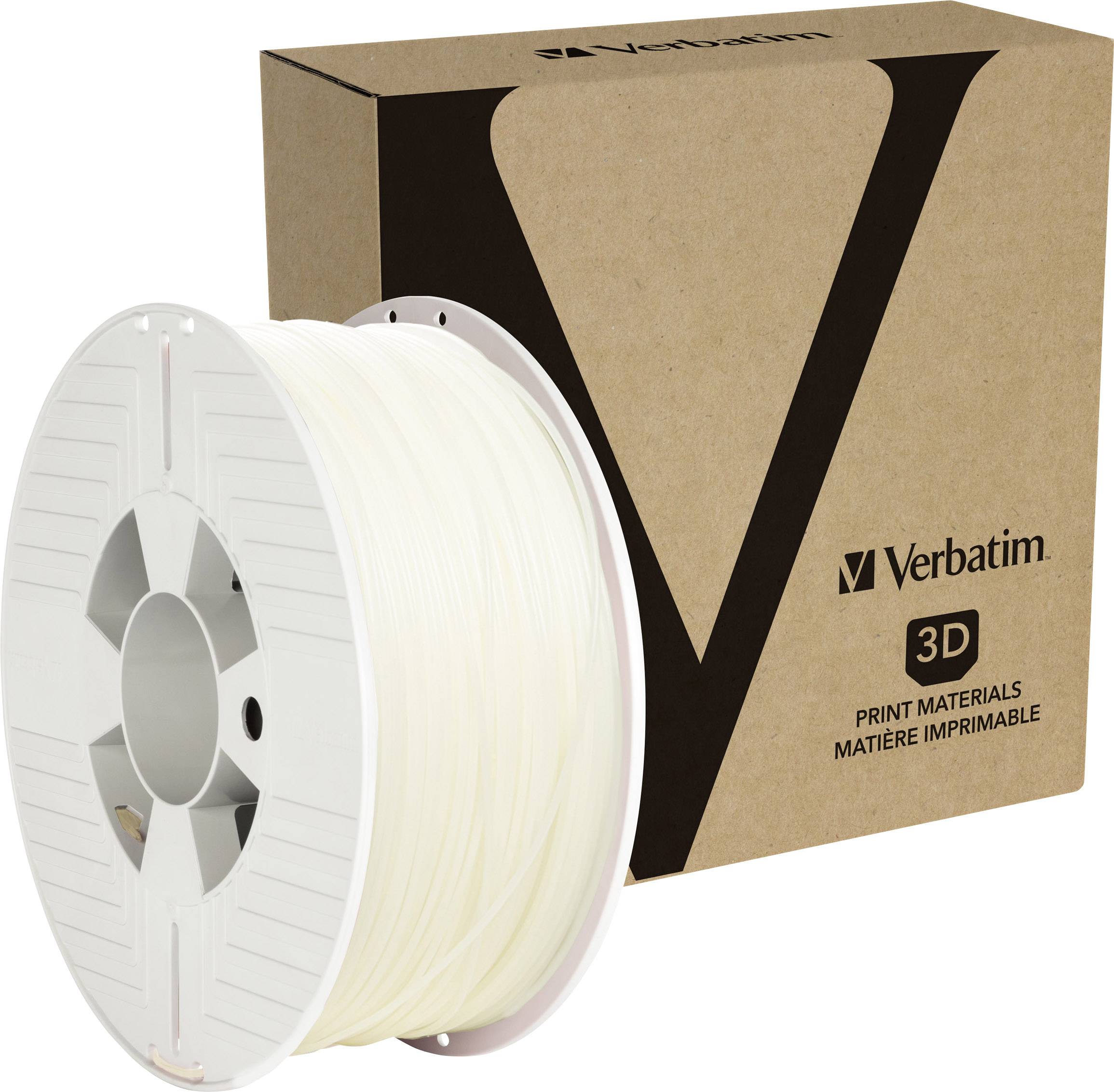 Un rouleau et son emballage de matériaux d'impression 3D de la marque Verbatim. L'emballage affiche le logo Verbatim et 'Matériaux d'impression 3D'.