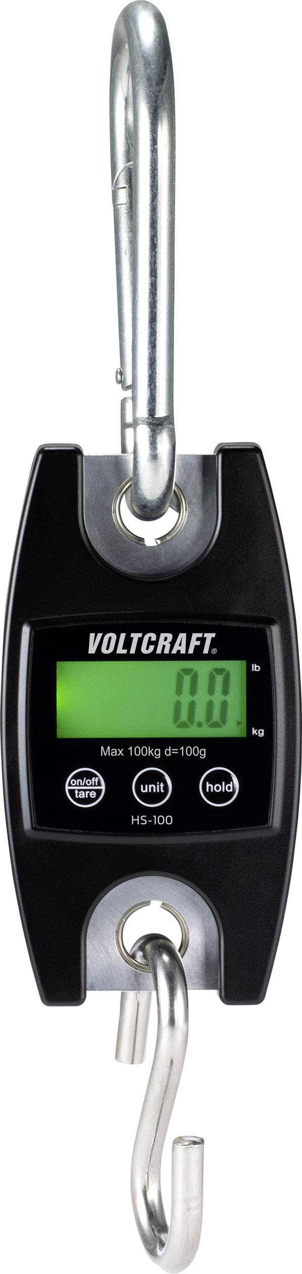 Balance numérique portable de Voltcraft avec crochet et mousqueton, affichage LCD avec rétroéclairage vert, capacité maximale de 100 kg.