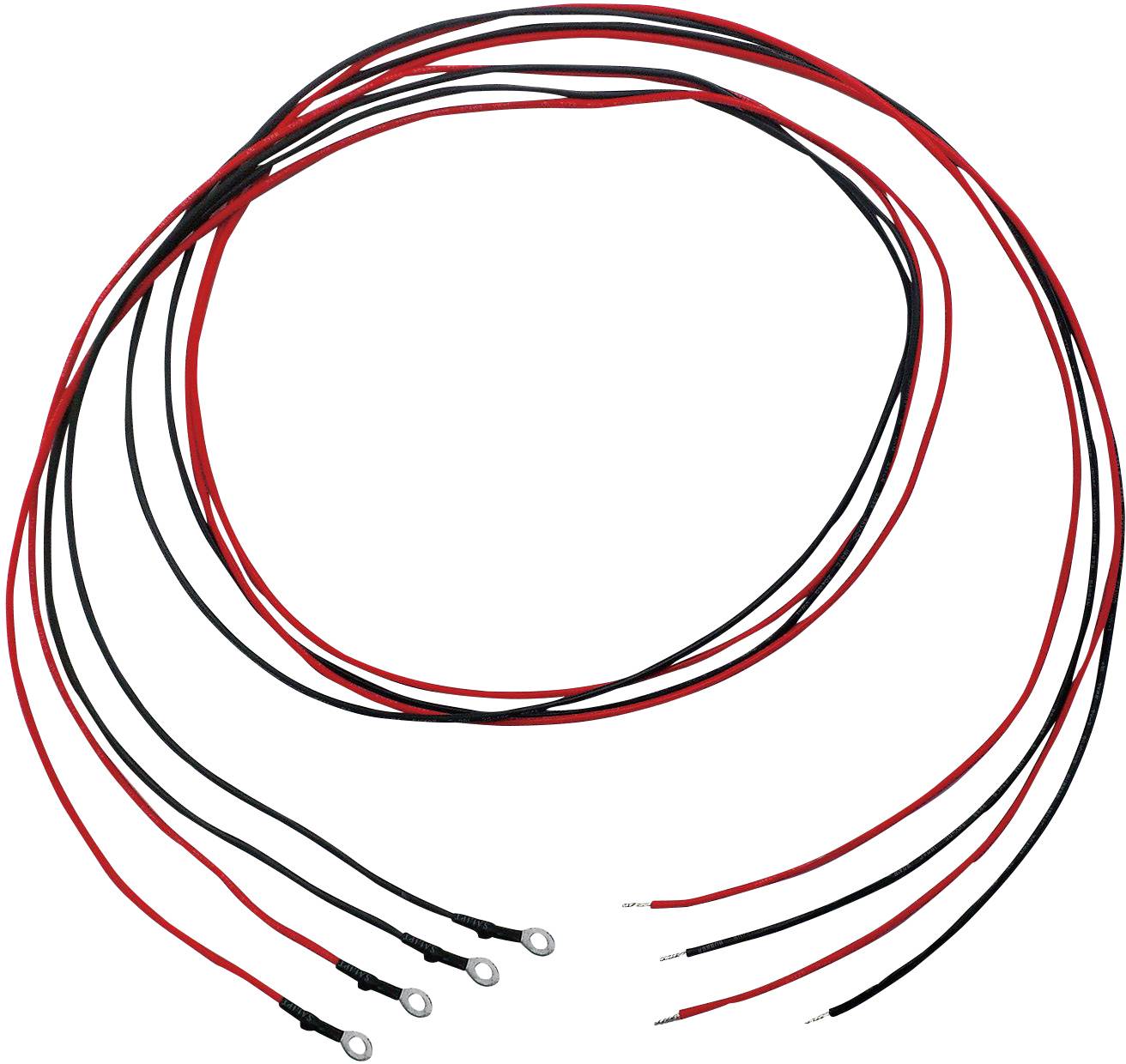 Deux câbles rouges et deux câbles noirs avec cosses à œillet à une extrémité et fil dénudé à l'autre, disposés en spirale.