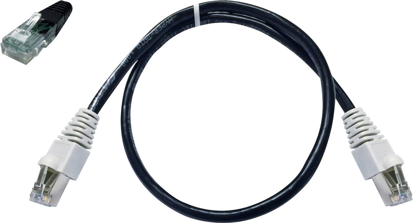 Un câble Ethernet noir avec des connecteurs RJ45 aux deux extrémités. En haut à gauche se trouve un gros plan d'un connecteur.
