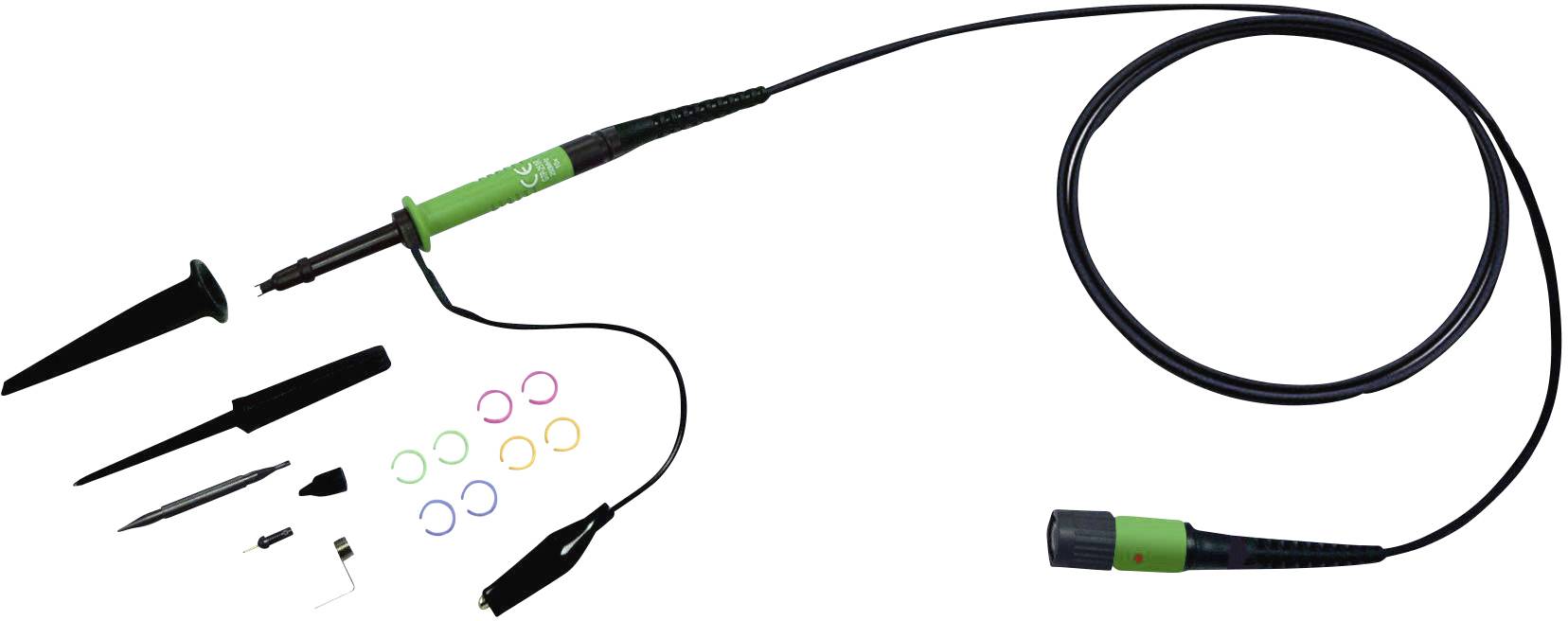 Ensemble de sondes d'oscilloscope avec accessoires : sonde, pince crocodile, bagues de marquage colorées, câble de mise à la terre, adaptateur et pince de test.