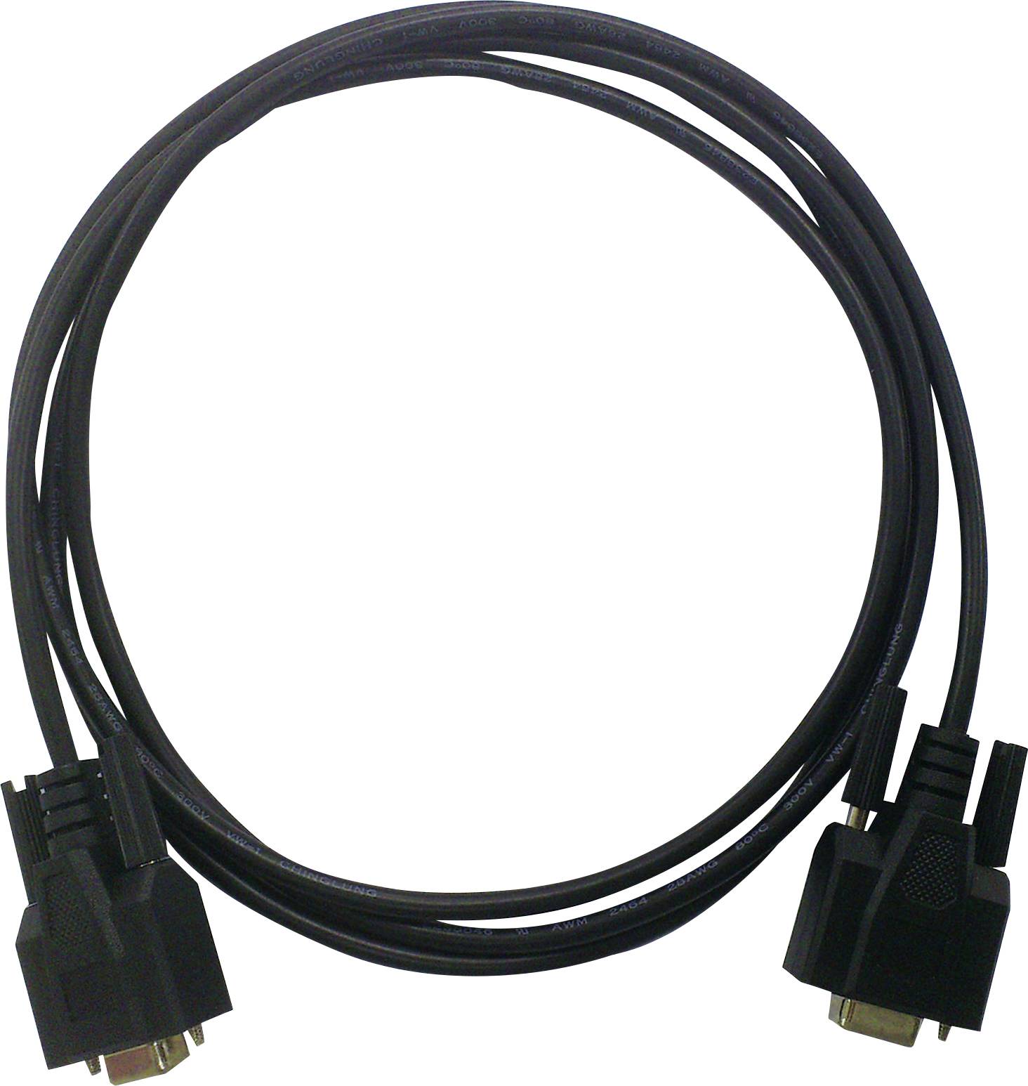 Un câble VGA noir avec deux fiches à ses extrémités, enroulé en une boucle lâche ; accessoire typique pour les connexions d'ordinateur.