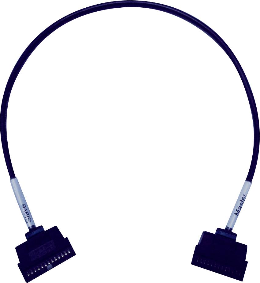 Un câble plat noir et incurvé avec deux connecteurs identiques à chaque extrémité, utilisé pour les connexions électroniques.