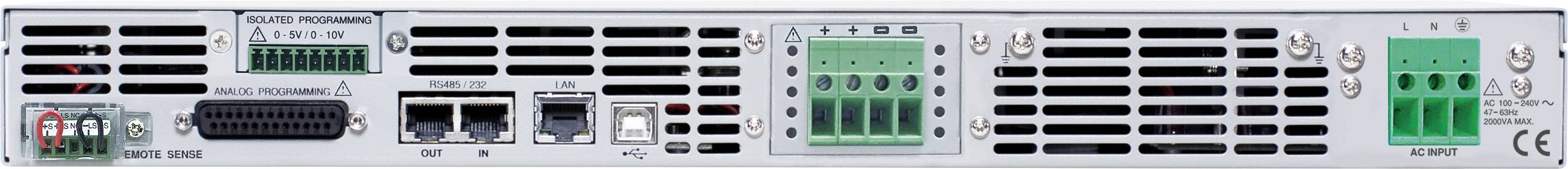 Vue arrière d'un appareil électronique avec plusieurs fentes de ventilation, des connexions et des ports pour branchements de câbles, ainsi qu'un ventilateur.