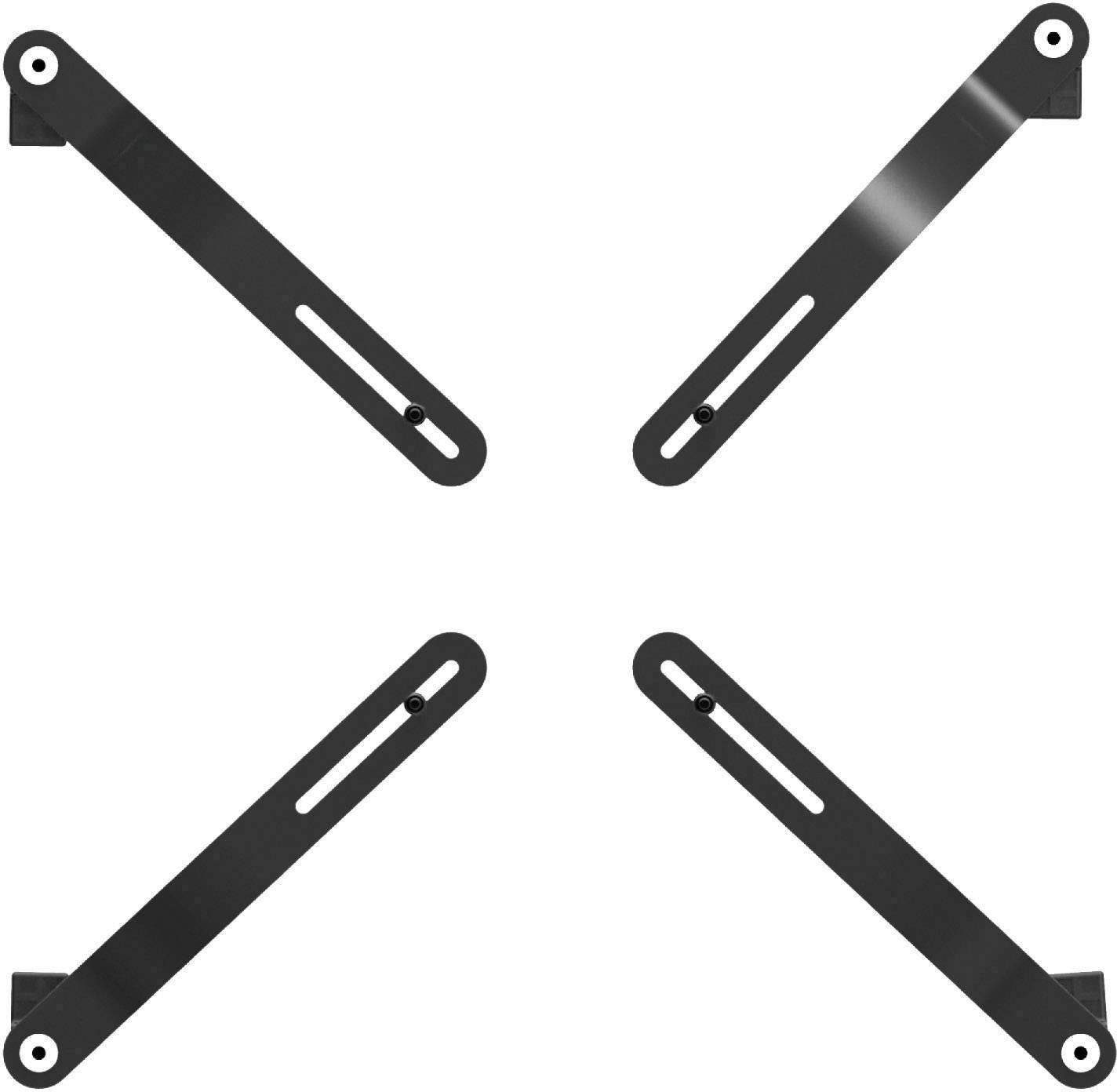 Quatre supports métalliques noirs disposés en forme de X sur un fond blanc.