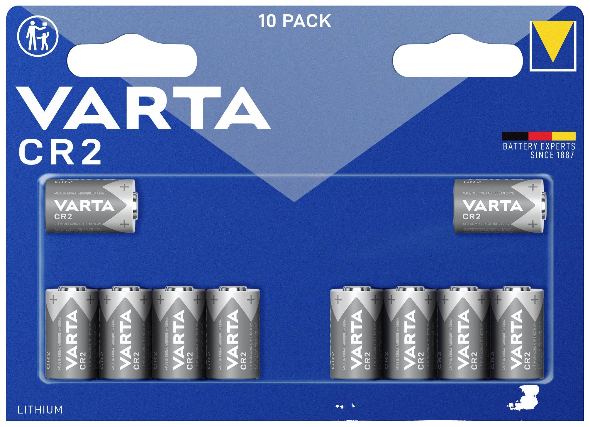 Pack de 10 piles au lithium VARTA CR2 en blister. Principalement argenté avec des éléments de design bleus et jaunes.
