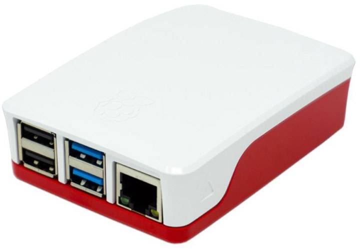 Petit ordinateur dans un boîtier blanc et rouge, doté de plusieurs ports USB et d'un port Ethernet, adapté aux tâches simples.
