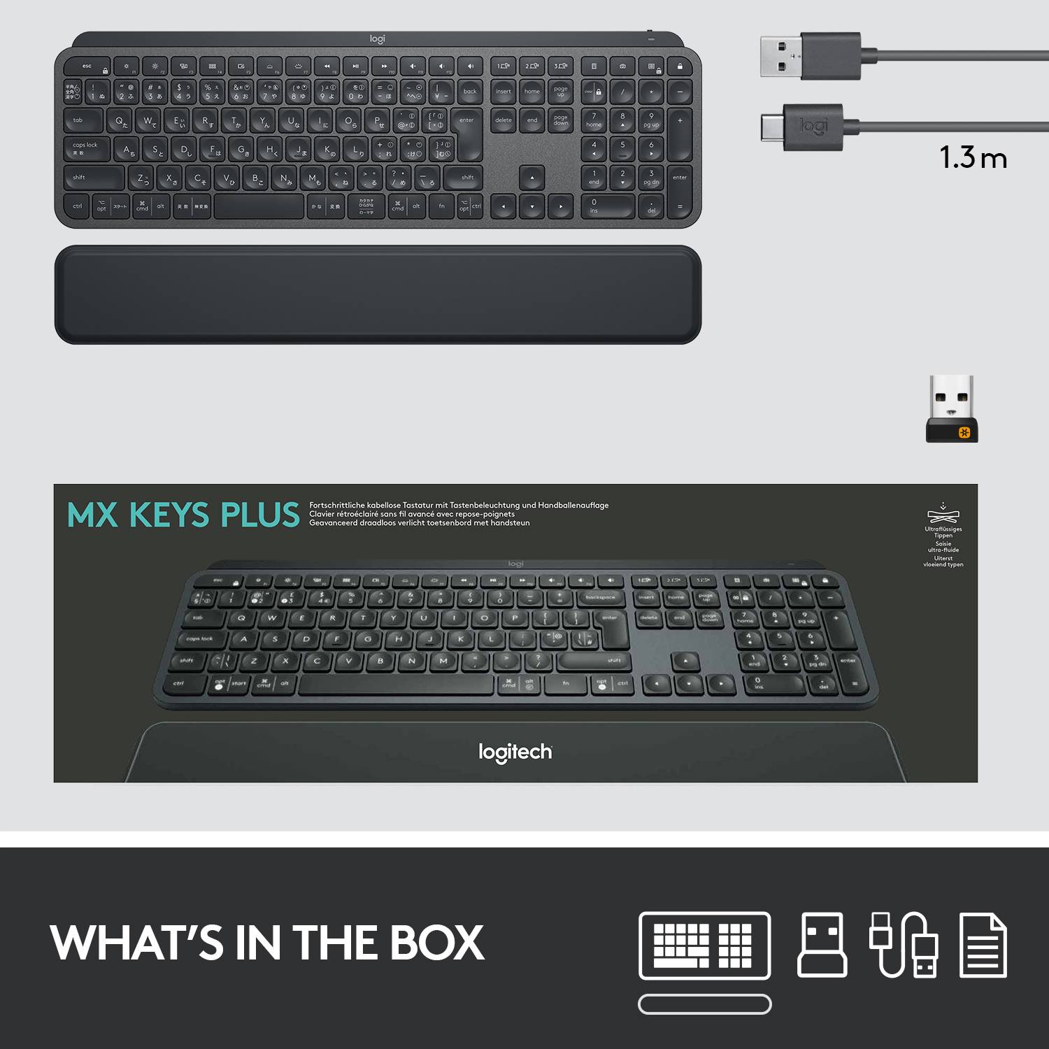 Logitech MX Keys Plus Bluetooth Clavier allemand, QWERTZ, Windows graphite éclairé, ergonomique, fonction Multipair
