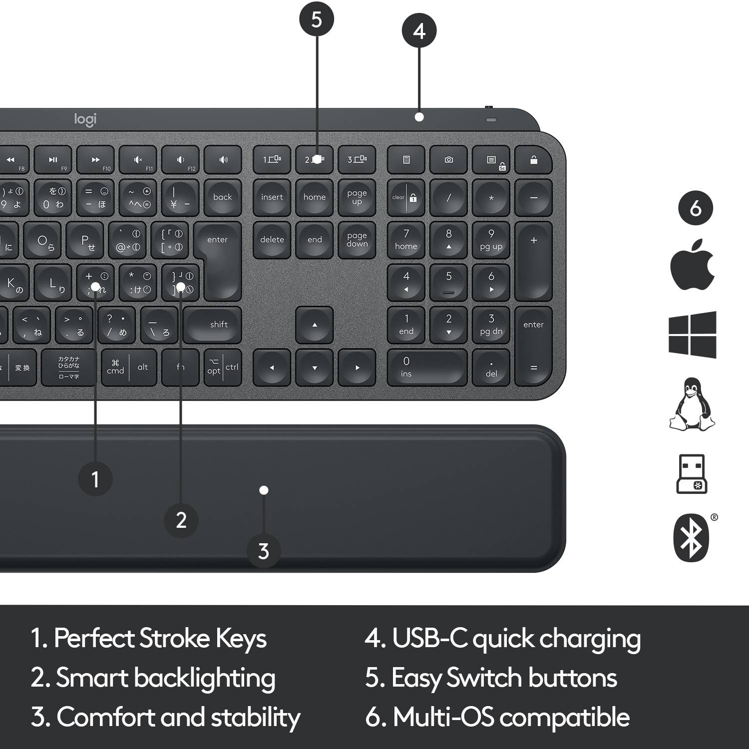 Logitech MX Keys Plus Bluetooth Clavier allemand, QWERTZ, Windows graphite éclairé, ergonomique, fonction Multipair