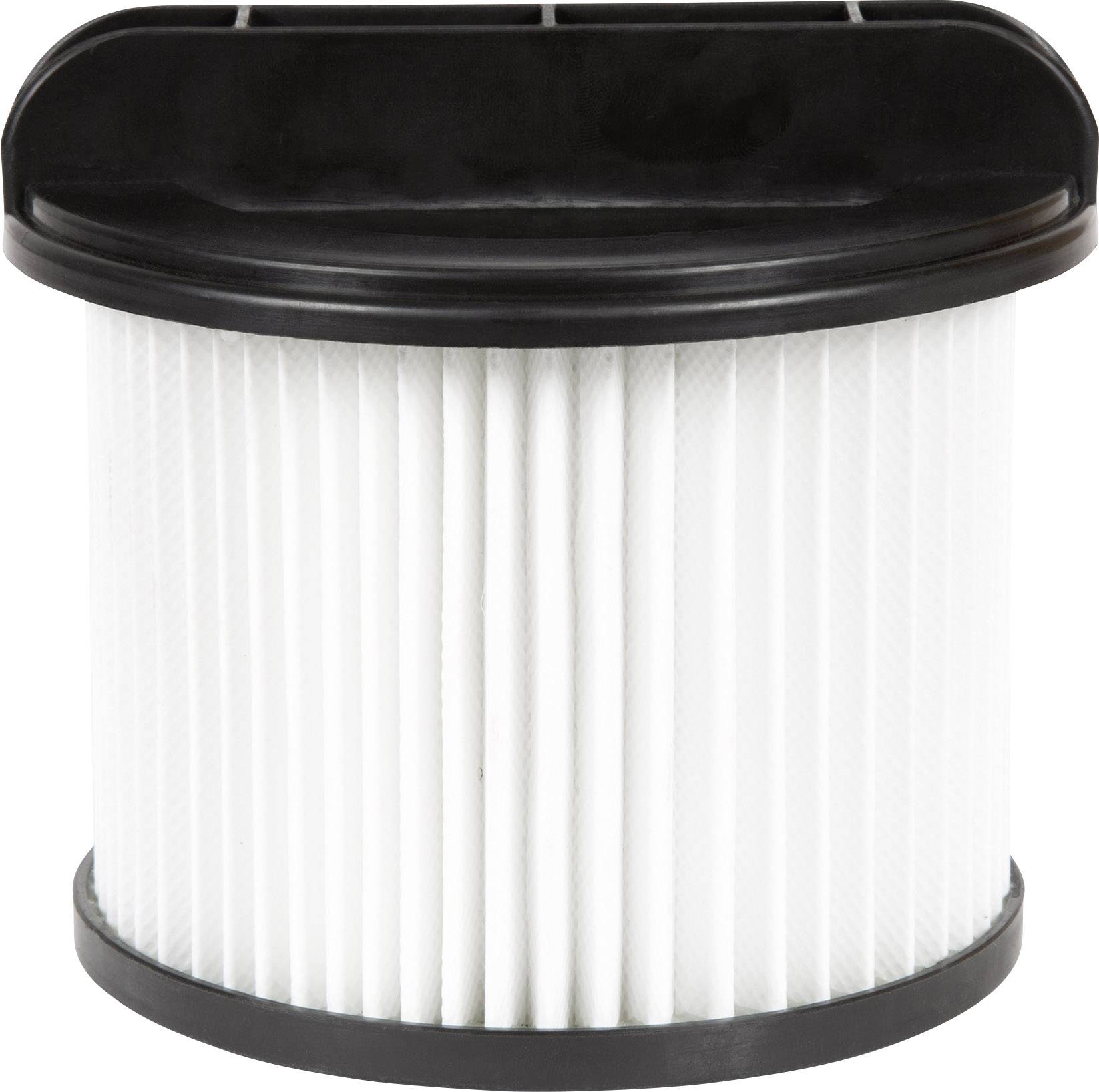 Un filtre blanc cylindrique avec un bord noir, probablement un filtre d'aspirateur ou un filtre à air, sur un fond blanc.