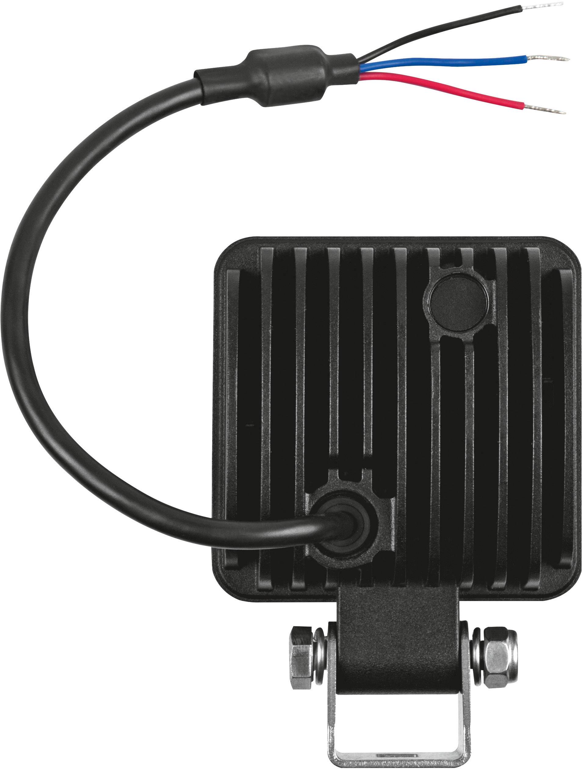 Projecteur LED noir avec câbles bleu, rouge et noir, montable par vis. Adapté aux applications d'éclairage technique.