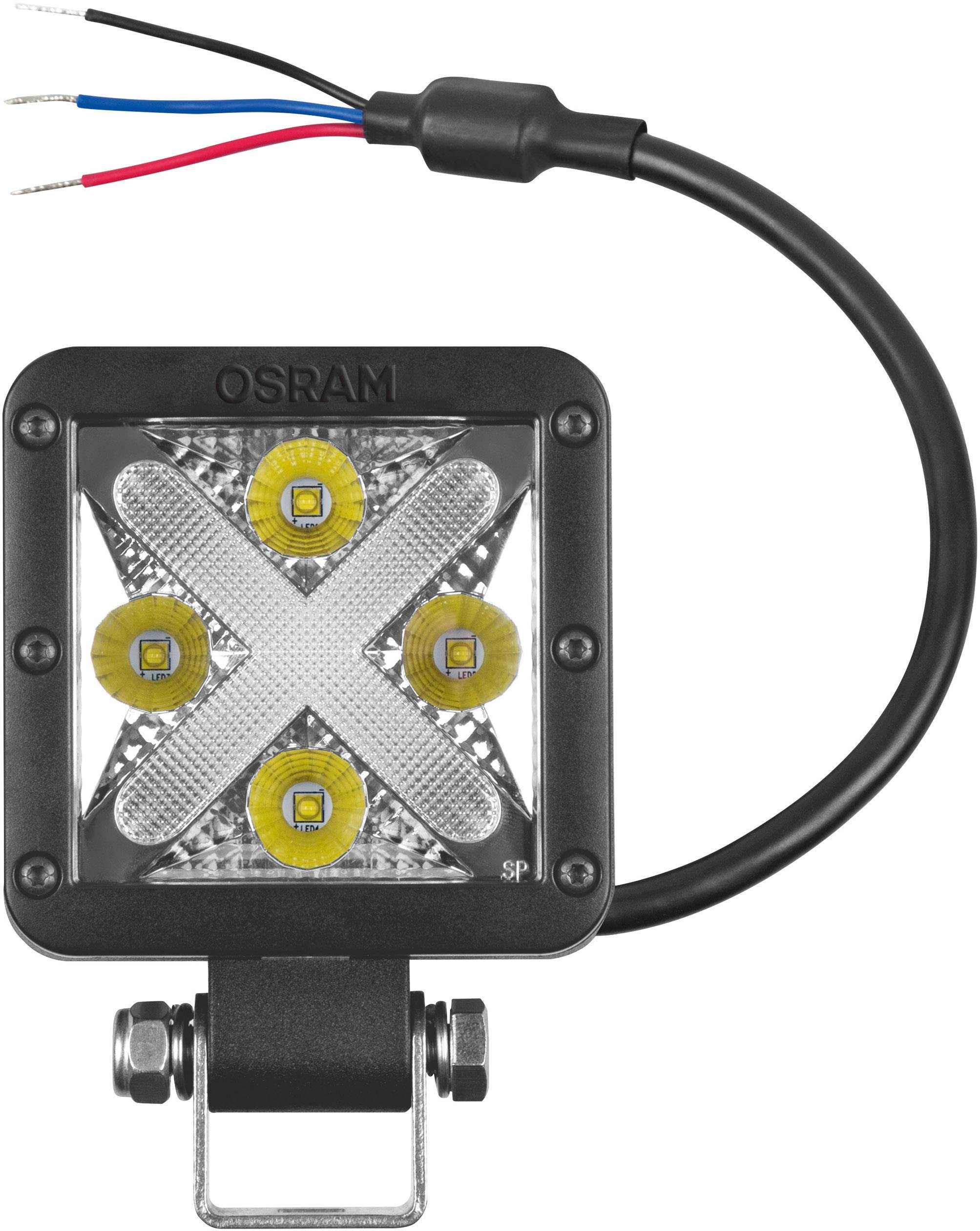Lumière LED 'Squad' d'OSRAM avec quatre LED jaunes dans un boîtier carré, câbles visibles pour la connexion électrique.