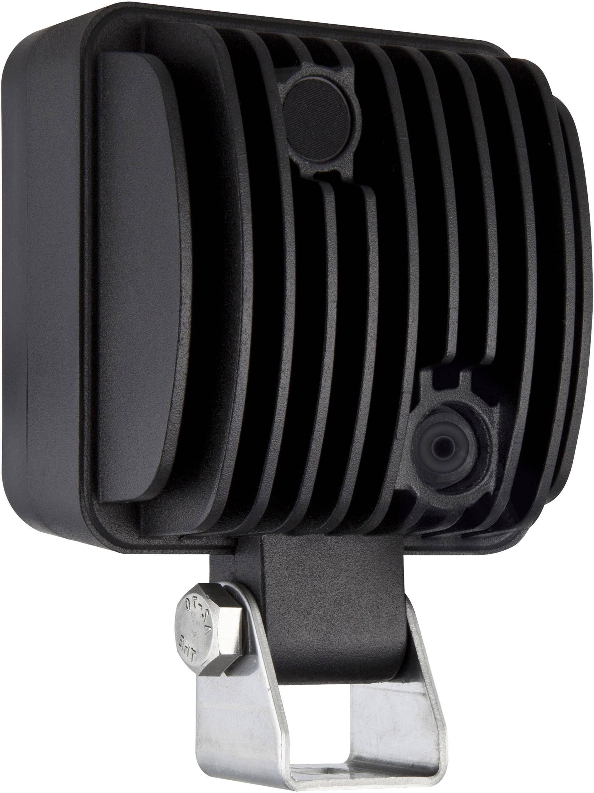 Projecteur de travail LED noir de forme rectangulaire, doté de ailettes de refroidissement à l'arrière et d'un support de montage métallique.