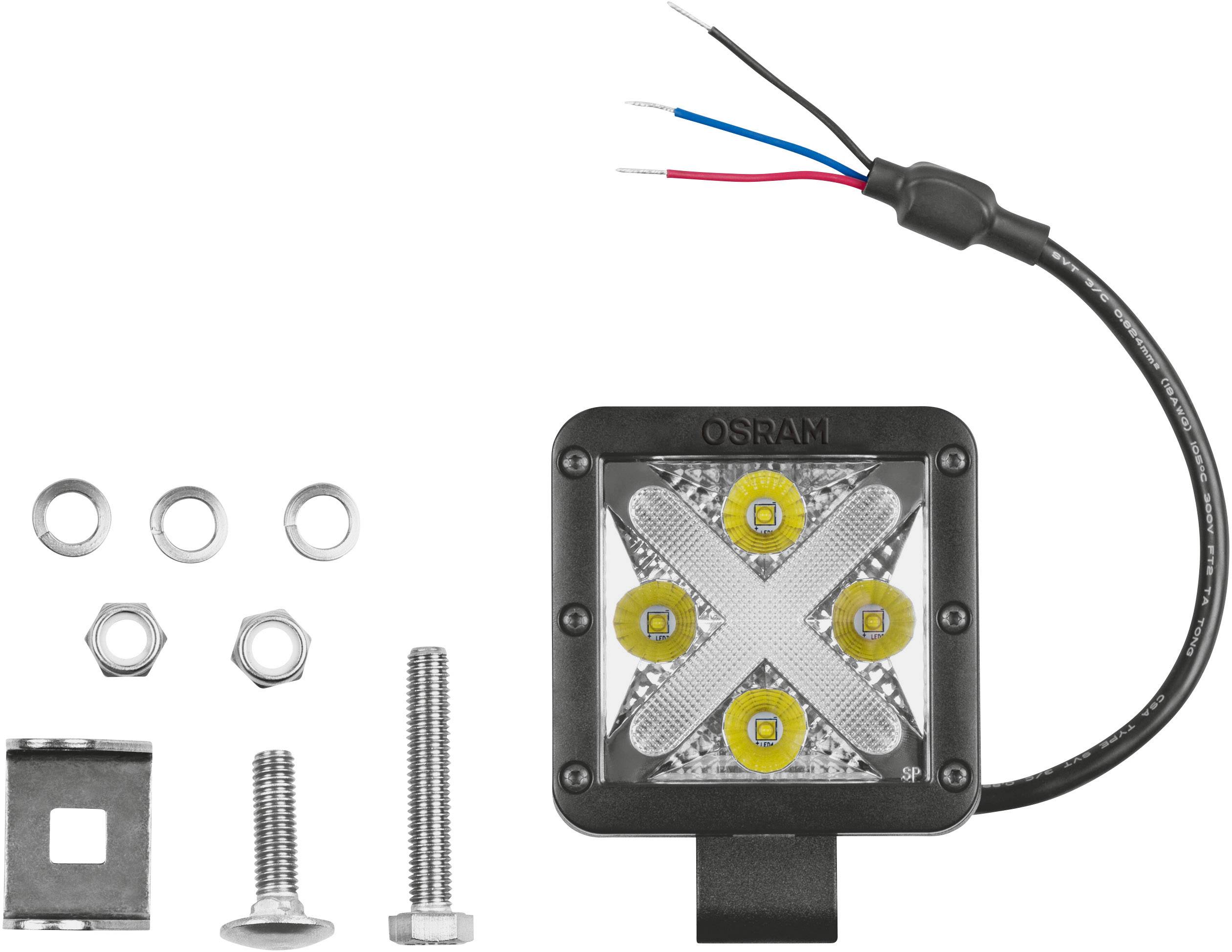 Lumière de travail à LED avec quatre lentilles jaunes, boîtier noir et trois fils de connexion. Comprend le matériel de montage tel que vis et écrous.