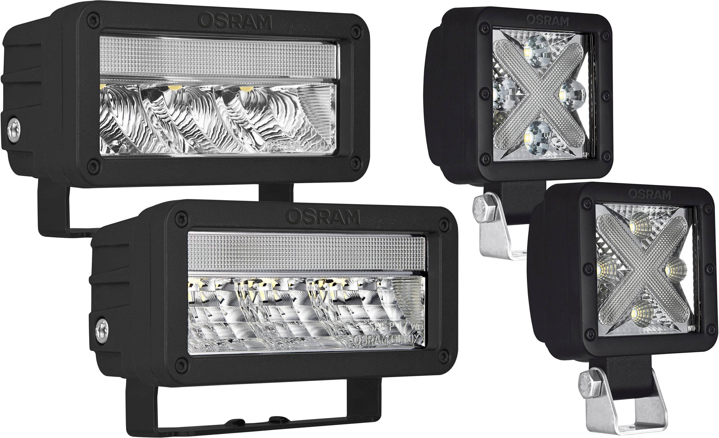 Quatre lampes de travail LED carrées en noir ; deux avec un design en croix et deux avec des lignes parallèles.
