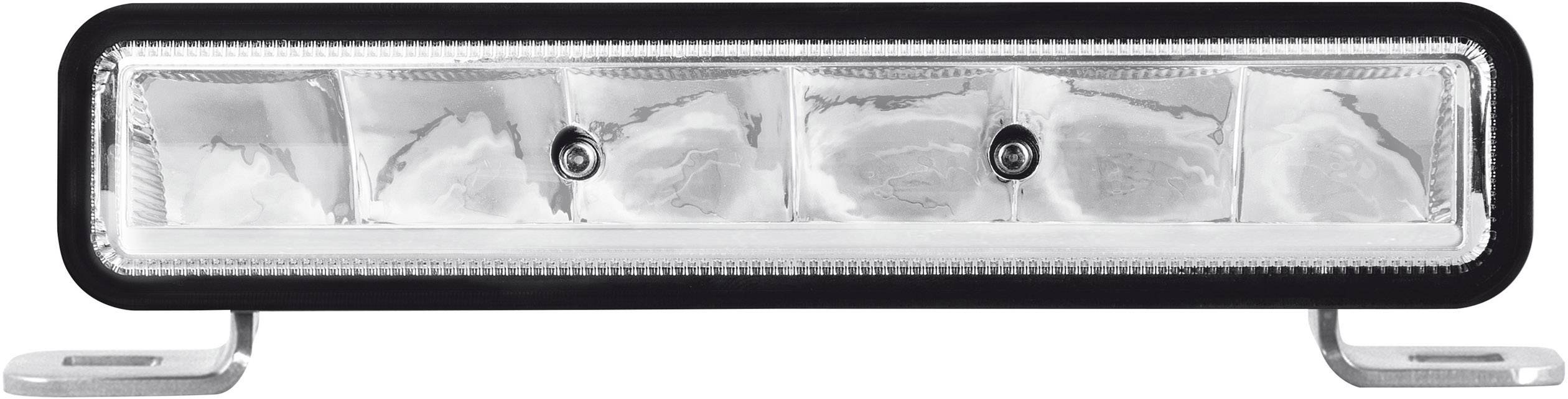 Une barre lumineuse LED rectangulaire avec cinq lentilles transparentes et un cadre noir, montée sur deux petites supports métalliques.