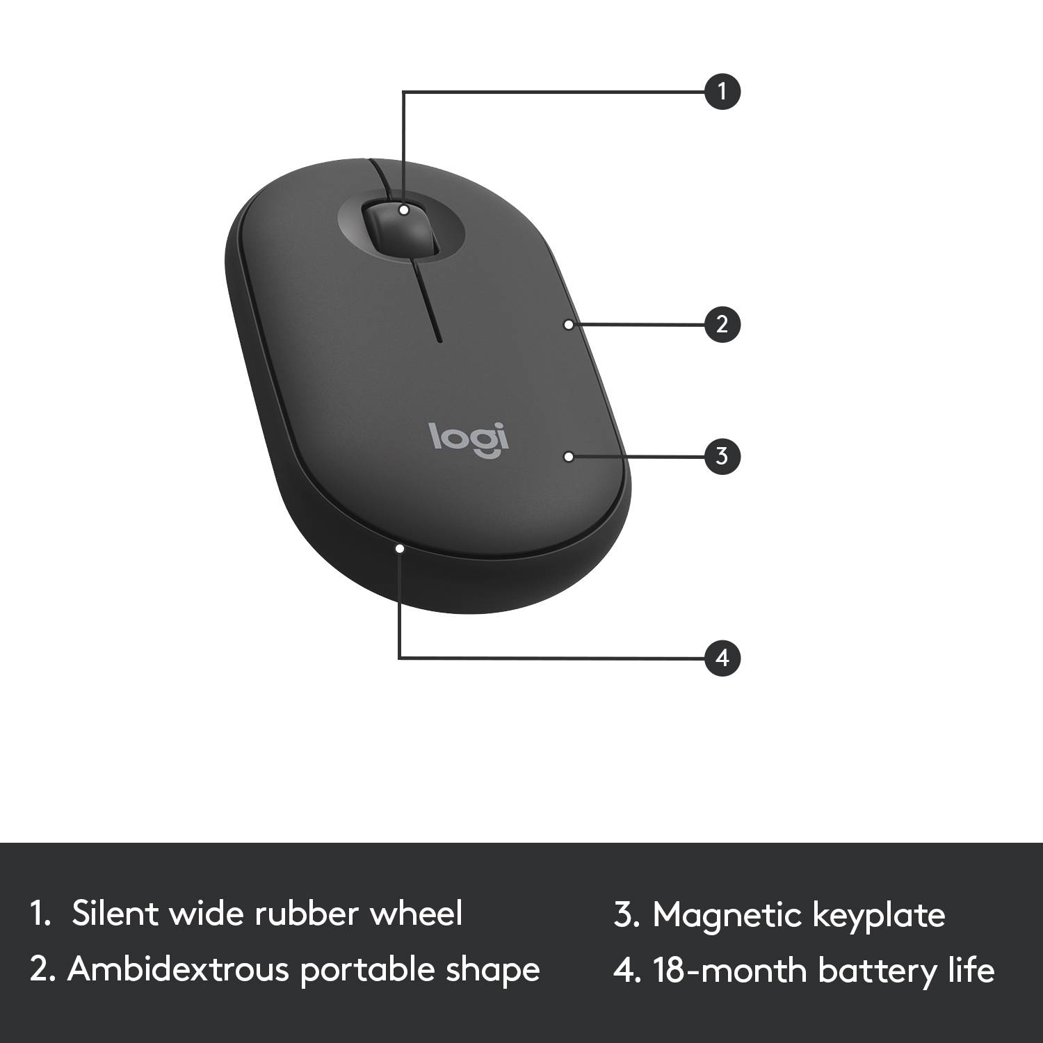 Une souris noire sans fil avec une molette de défilement caoutchoutée et un pavé tactile magnétique. Convient aux droitiers et aux gauchers. Autonomie de batterie de 18 mois.