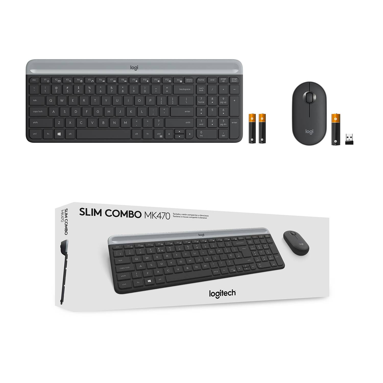 Ensemble clavier et souris sans fil Logitech Slim Combo MK470 en noir avec un design compact, piles et récepteur USB illustrés.