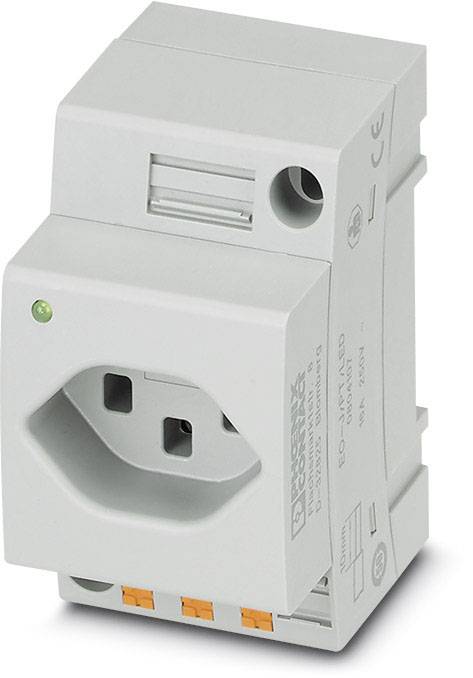 Un adaptateur de protection gris pour prises électriques, adapté à la fixation sur un rail DIN. Comprend un bouton-testeur et un voyant de contrôle.
