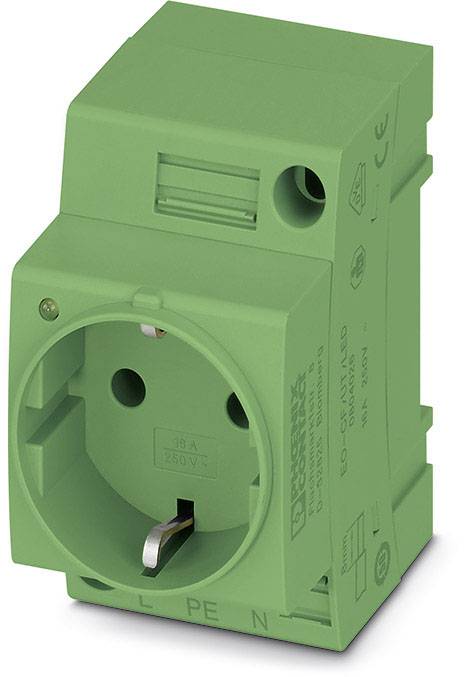 Prise verte pour montage sur rail DIN, 10 A, 250 V. Convient aux applications industrielles, avec bornes de connexion et verrouillage.
