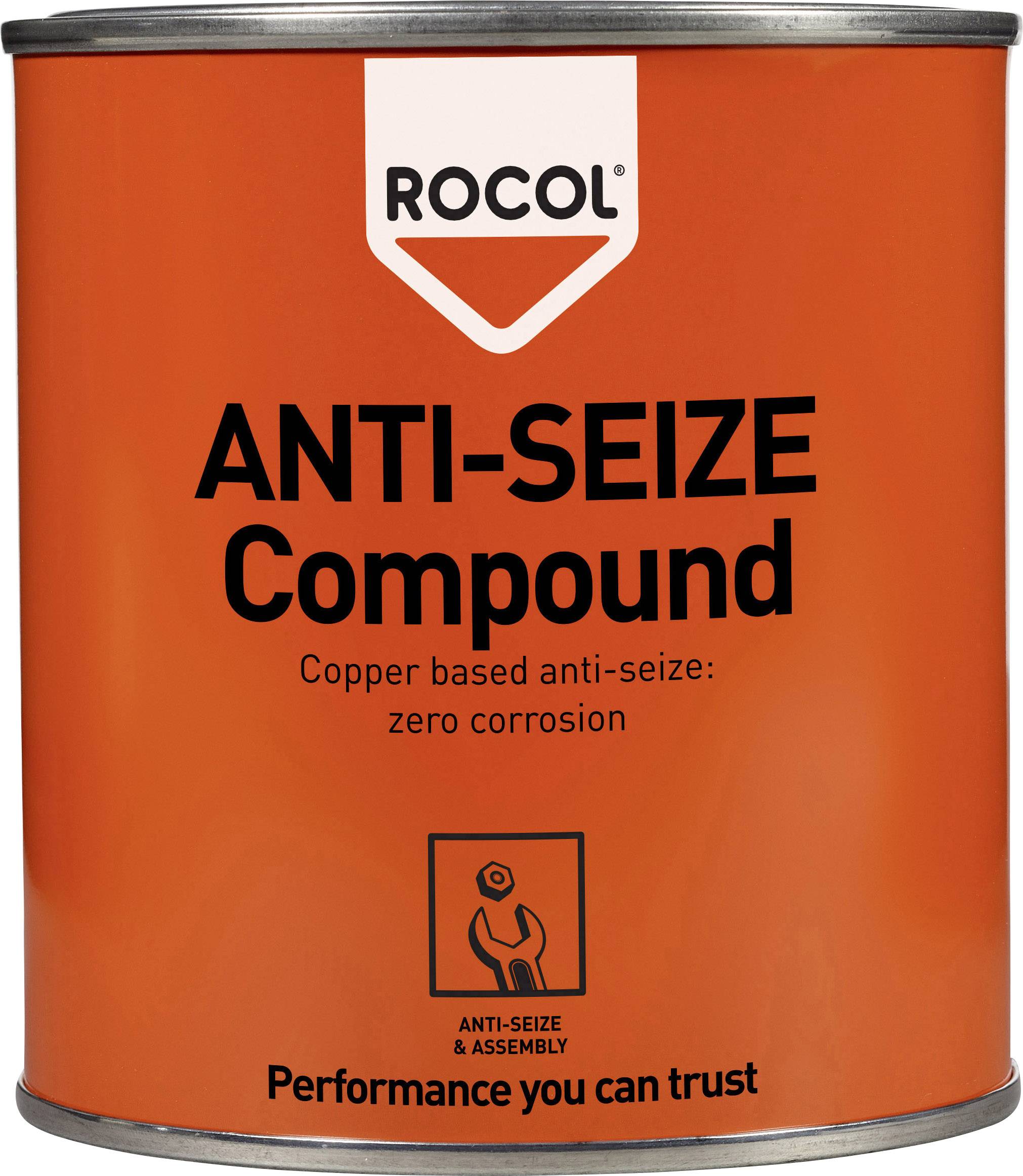 Un bidon portant l'inscription 'ROCOL ANTI-SEIZE Compound'. Lubrifiant à base de cuivre qui prévient la corrosion.
