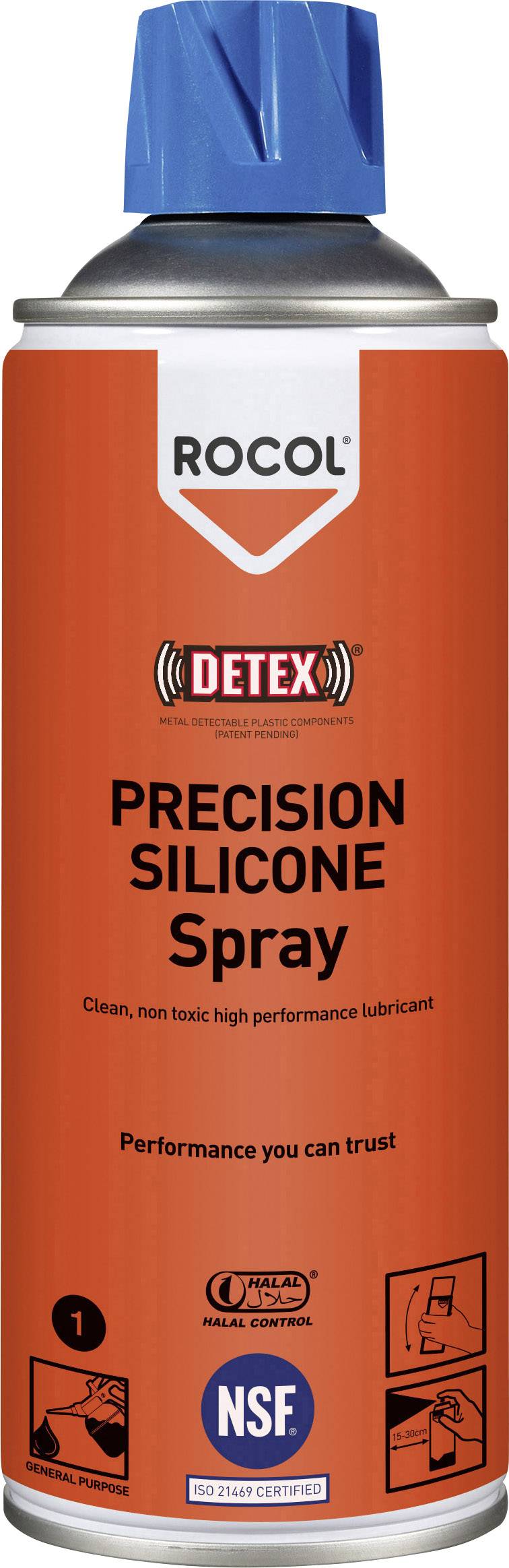 Bombe aérosol avec étiquetage rouge, 'ROCOL DETEX Spray Silicone Précision'. Un lubrifiant haute performance, certifié NSF.