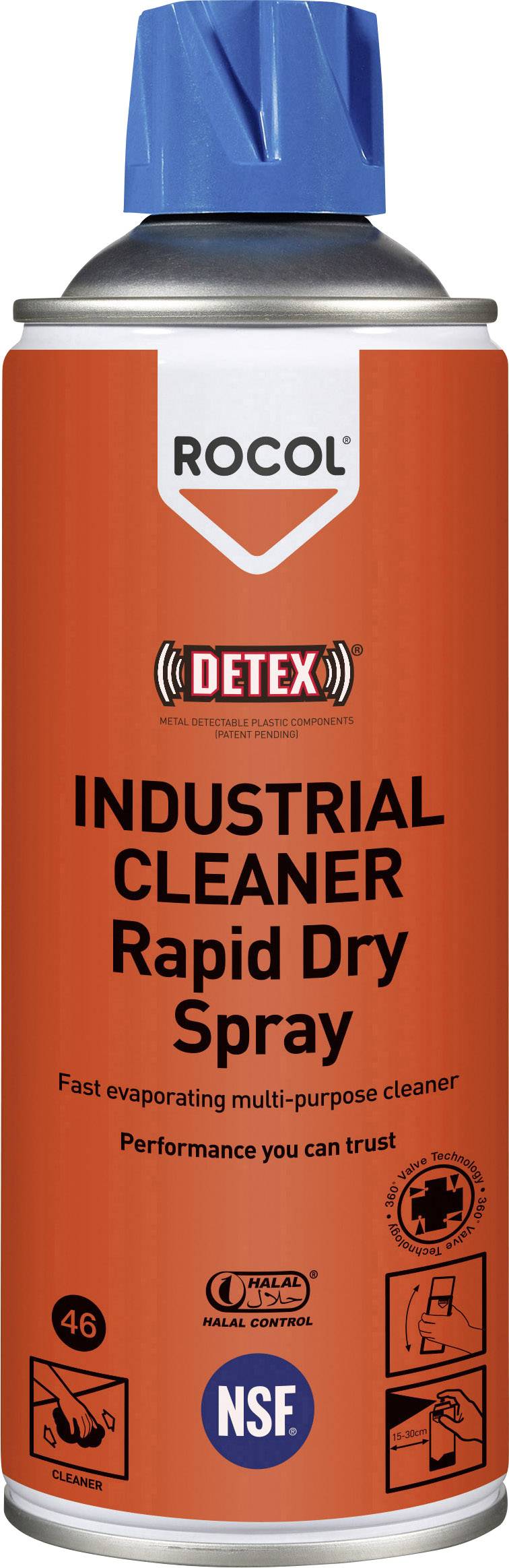 Spray Rocol orange avec l'inscription : Industrial Cleaner, Rapid Dry Spray, Detex. Nettoyant multifonction à séchage rapide, certifié NSF.
