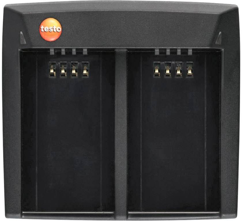 Chargeur noir avec deux emplacements et le logo 'testo' en haut à gauche.