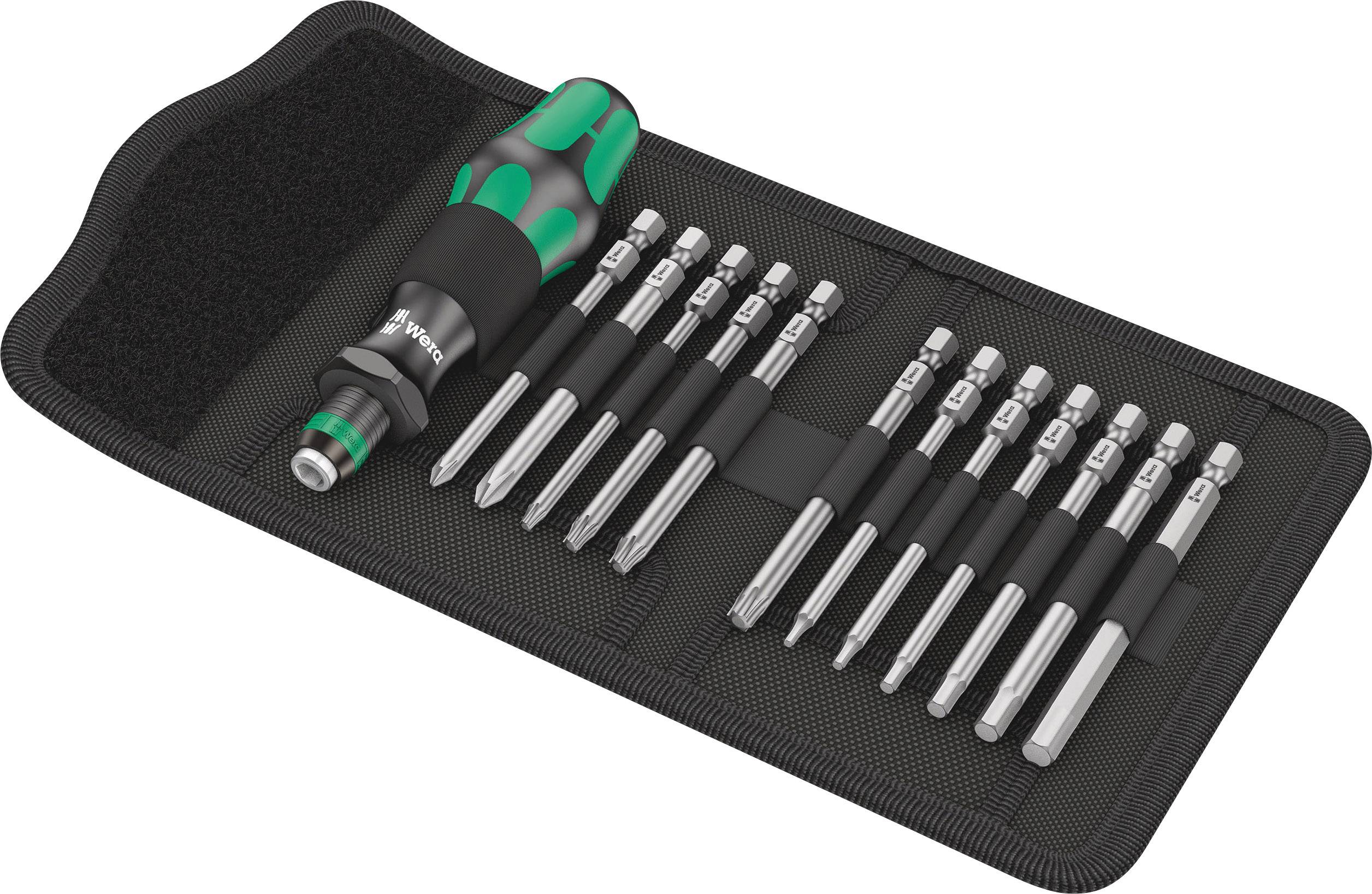 Un ensemble de tournevis avec un tournevis à poignée ergonomique et 14 embouts interchangeables dans un étui noir.