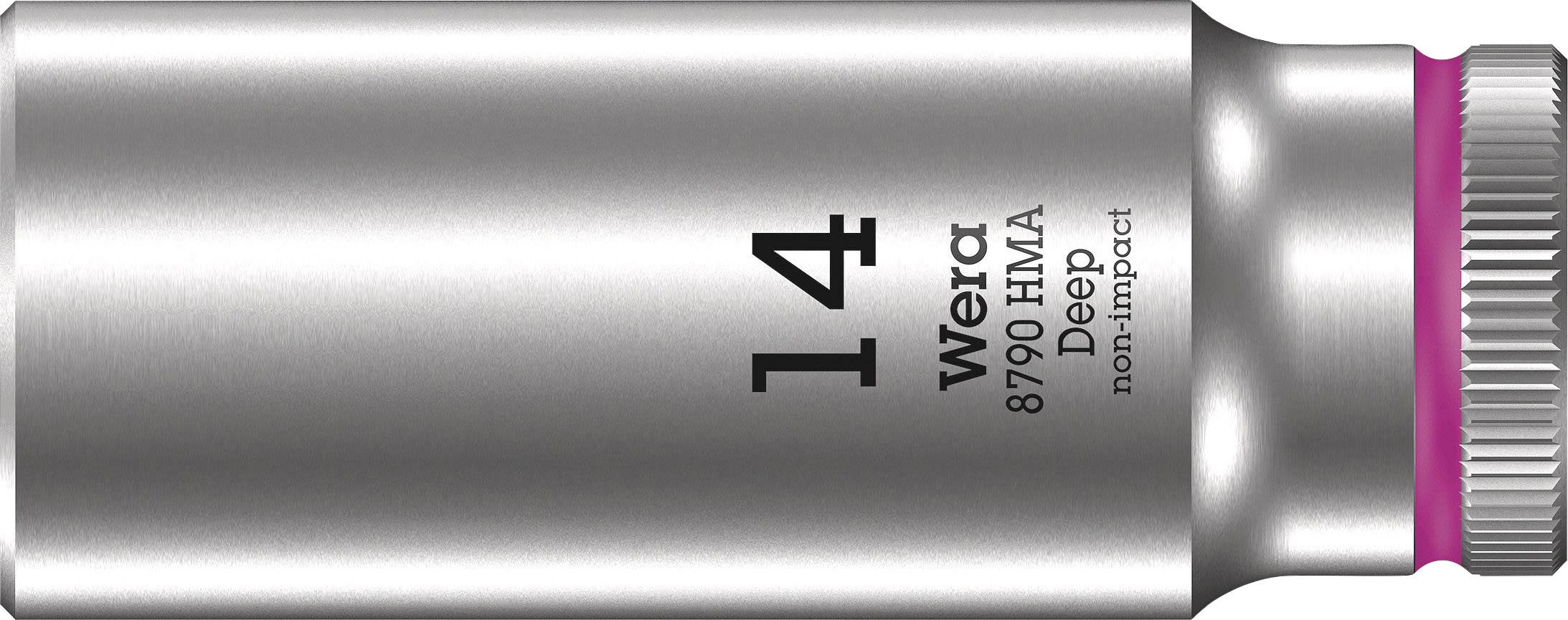 Douille à cliquet portant l'inscription '14 Wera 8790 HMA Deep non-impact'. Couleur argent, avec extrémité striée.
