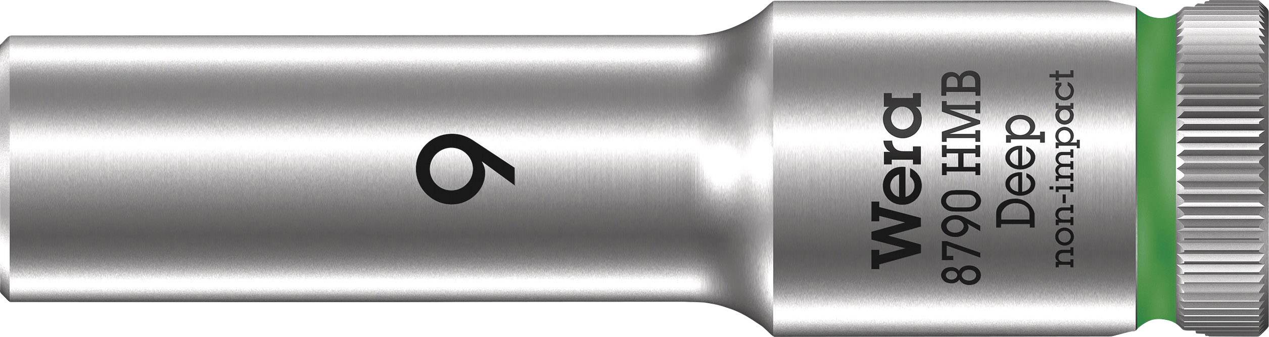 Douille Wera, modèle 8790 HMB Deep. Argent avec anneau vert, adaptée aux clés à cliquet non-percutantes. Taille 9 mm.
