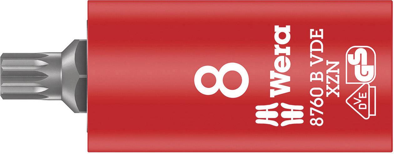 Embout de clé à cliquet rouge avec embout et isolation, inscription 'Wera 8760 B VDE XZN', taille '8', sigles VDE et GS visibles.