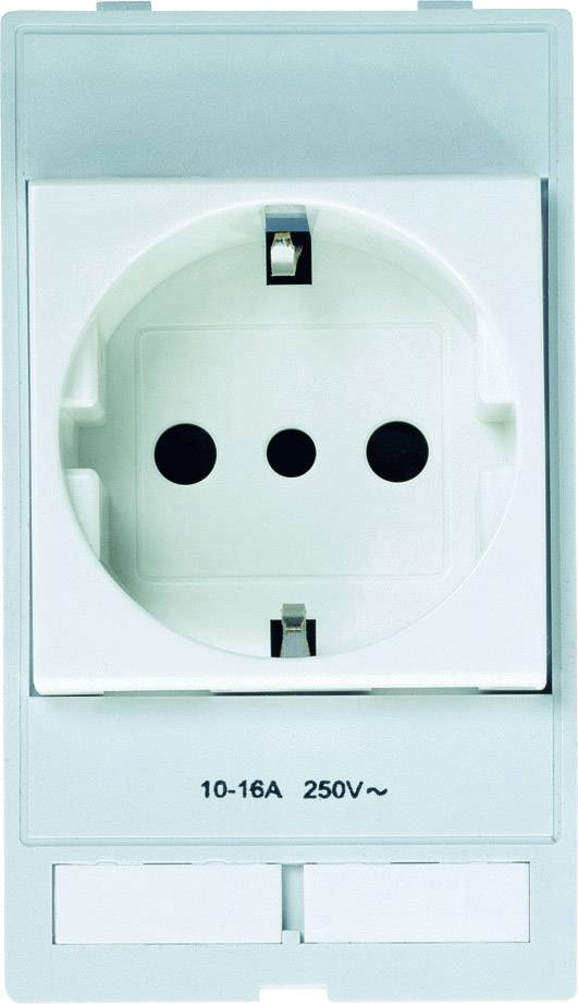 Une prise électrique française blanche avec deux trous ronds et un orifice de terre. En dessous, il est inscrit '10-16A 250V~'.