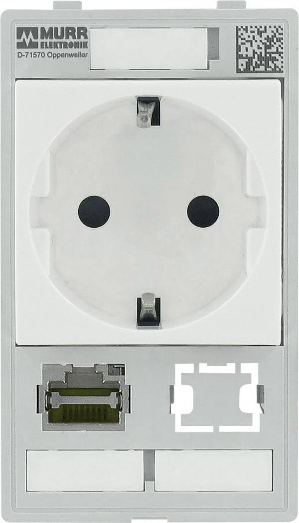 Prise électrique européenne avec connexion réseau RJ45 sur un panneau d'installation Murr Elektronik, code QR en haut à droite.