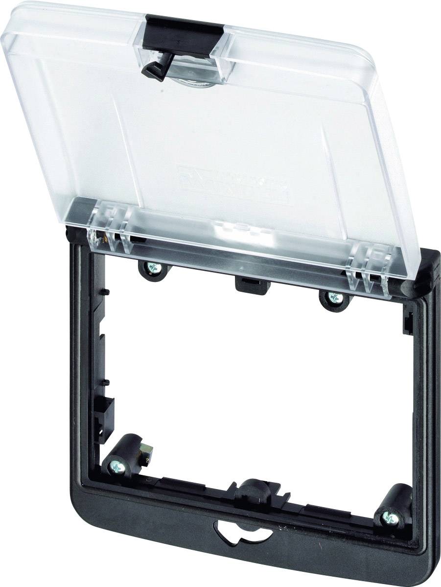 Capot de commutateur en plastique noir avec couvercle transparent, présenté ouvert.