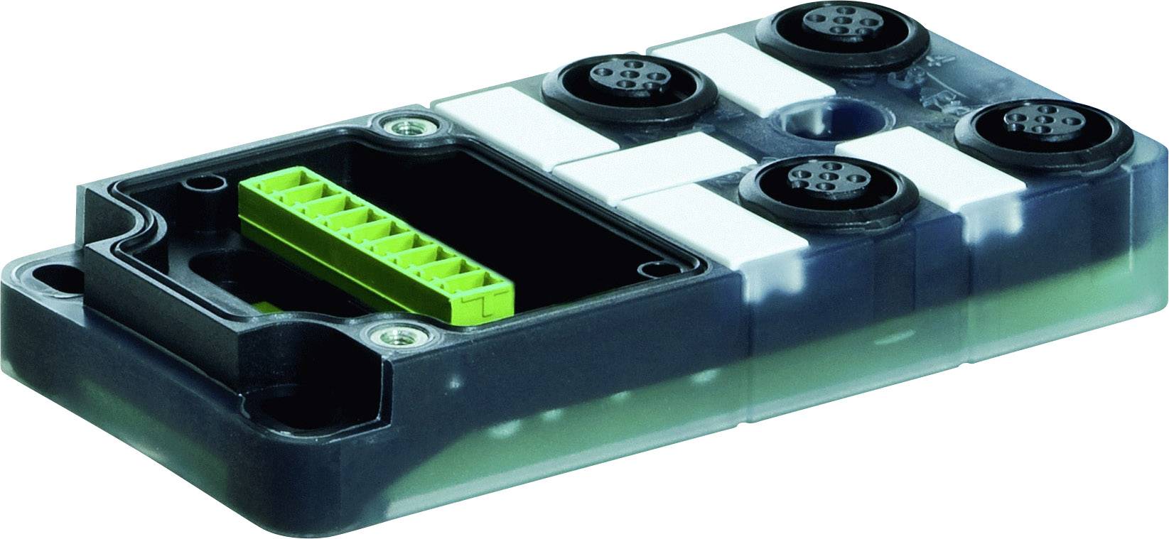 Un dispositif électronique avec des bornes de connexion vertes dans un boîtier noir, entouré de quatre connecteurs circulaires.