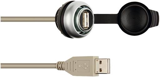 Un câble USB rétractable avec un boîtier de rangement rond et verrouillable.