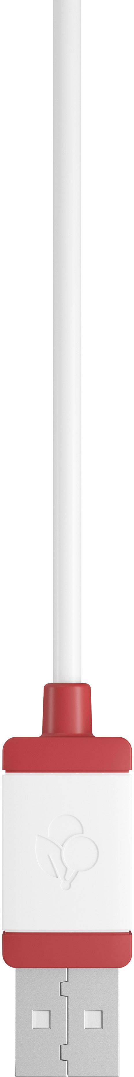 Un câble USB blanc et rouge avec un design de connecteur simple, principalement utilisé pour connecter des appareils.