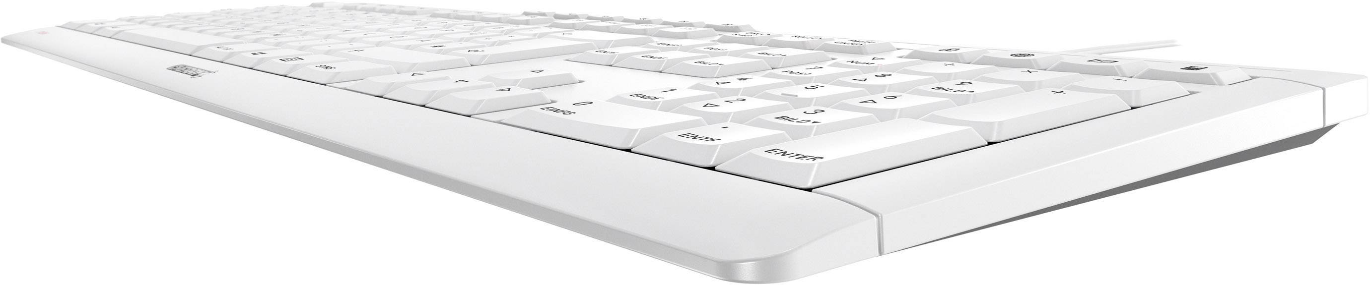 Clavier d'ordinateur blanc au design plat, vue latérale inclinée.