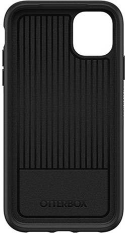 Coque de smartphone noir Otterbox, design robuste avec rainures verticales et découpe pour l'objectif de la caméra à l'arrière.