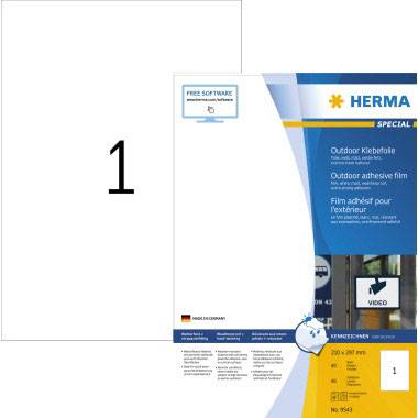 Étiquette adhésive 'HERMA Outdoor', emballage avec des accents bleus et oranges. Souligne la protection contre les intempéries et le domaine d'application extérieur.