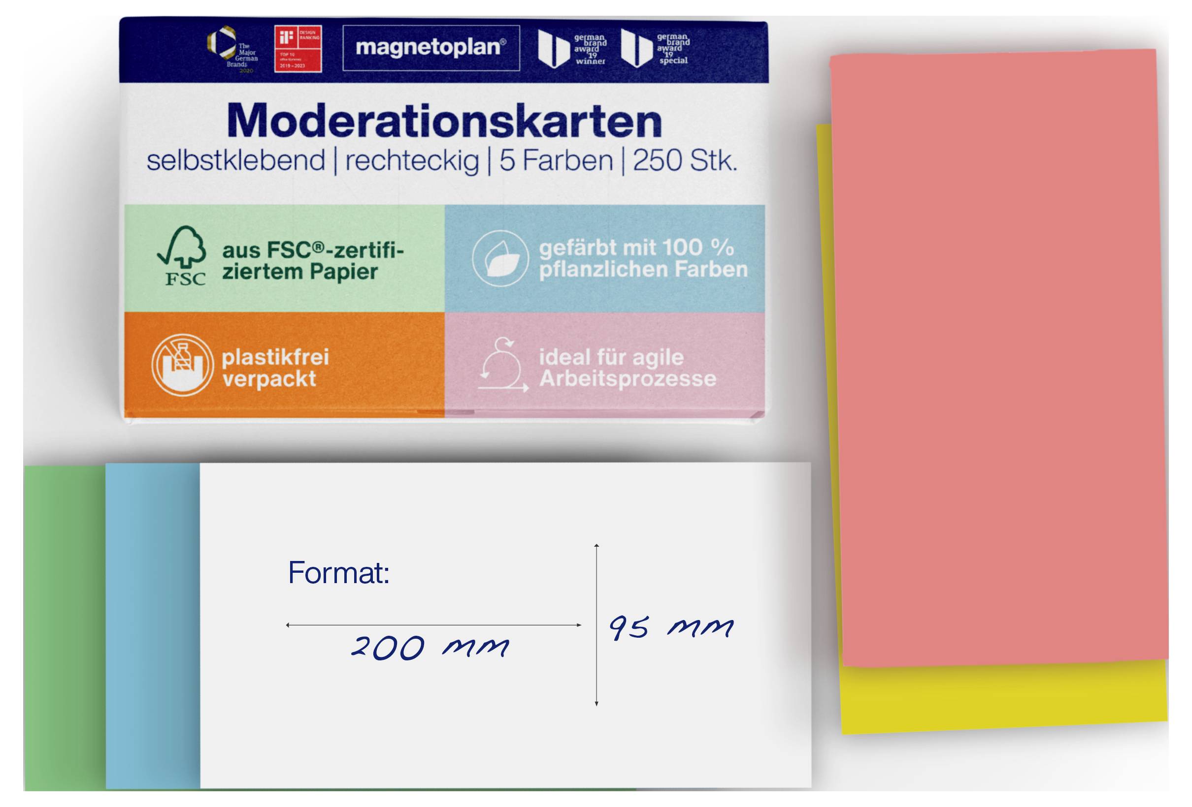 Boîte de 'magnetoplan Moderationskarten' contenant 250 cartes rectangulaires autocollantes dans 5 couleurs différentes. Met en avant des caractéristiques telles que le papier certifié FSC et un emballage sans plastique.