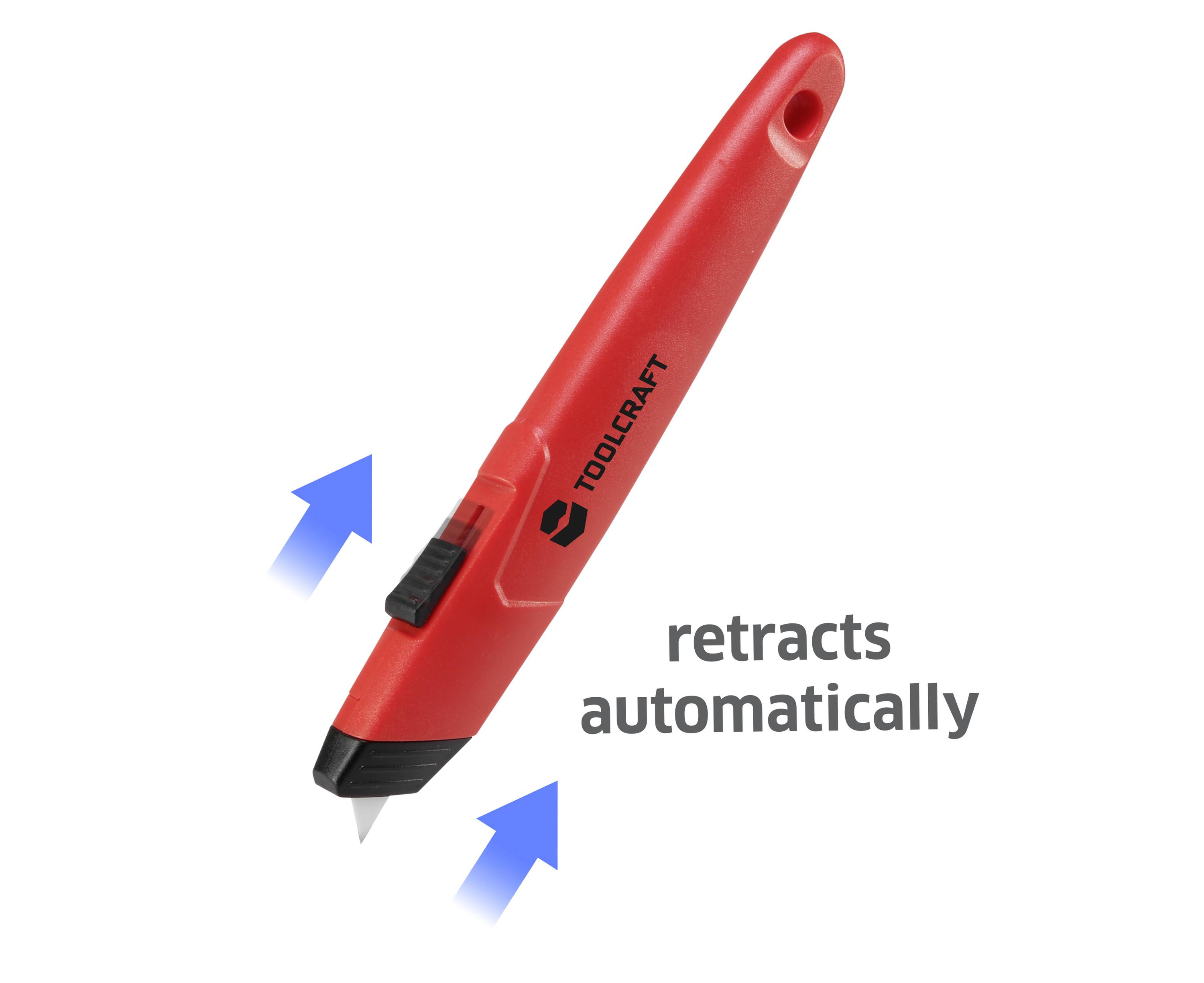 Couteau utilitaire rouge de marque 'Toolcraft' avec curseur noir. Des flèches indiquent le curseur avec la mention 'se rétracte automatiquement'.