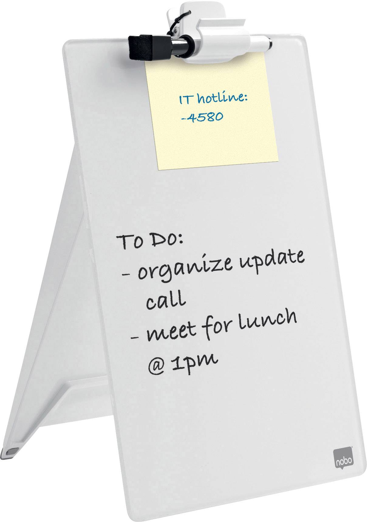 Tableau blanc avec un post-it en haut : « Hotline IT : 4580 ». En dessous « À faire » : « organiser l'appel de mise à jour », « déjeuner à 13h ».