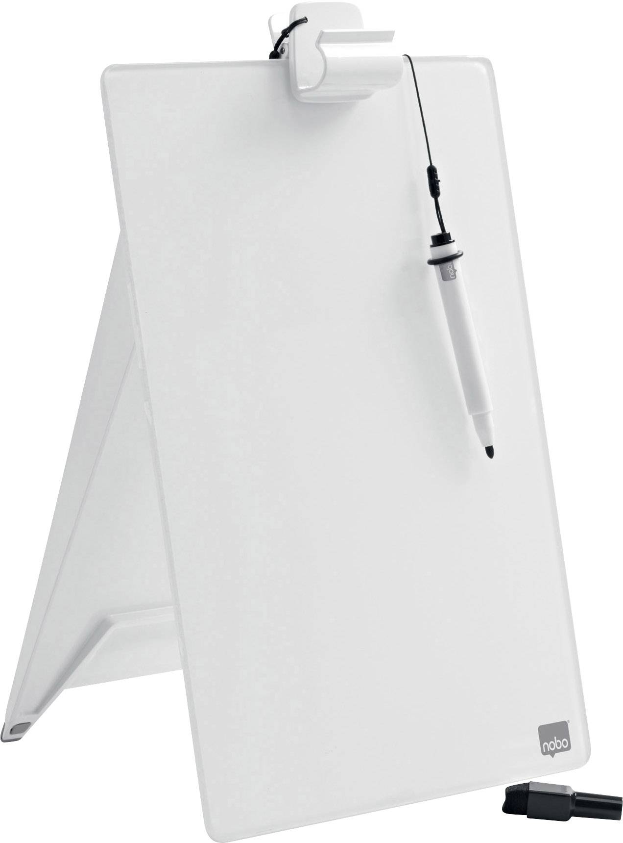 Un petit chevalet de table blanc avec un marqueur fixé sur le côté. Idéal pour les présentations ou les notes.