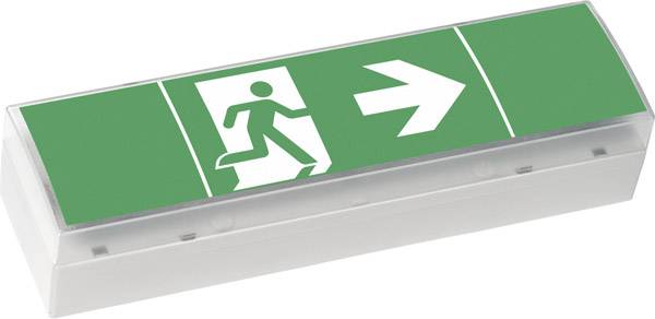 Panneau de sortie de secours vert avec flèche directionnelle vers la droite et pictogramme d'une personne en train de courir.