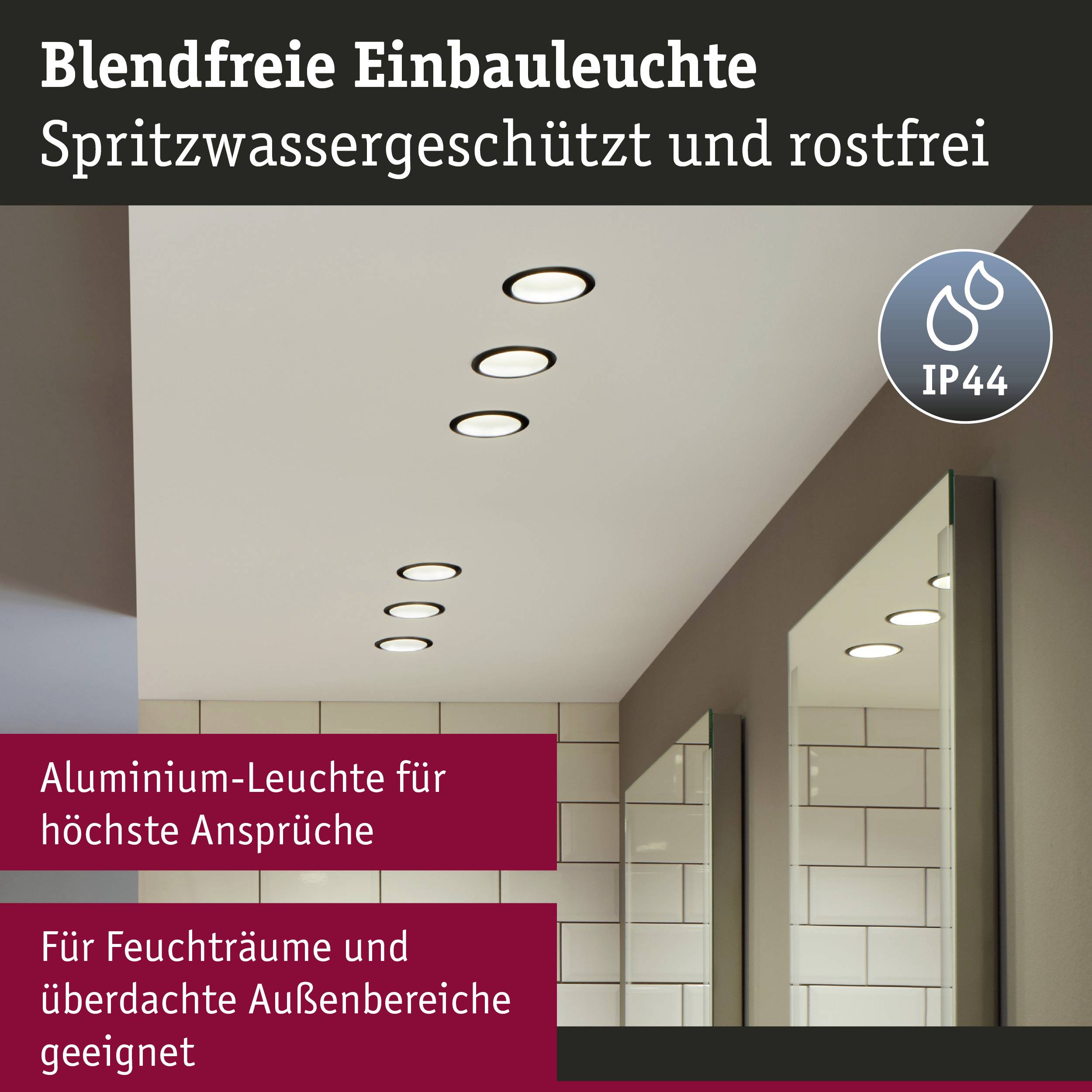 Luminaire encastrable anti-éblouissant, protégé contre les projections d'eau IP44, résistant à la corrosion. Idéal pour les espaces humides et les zones extérieures couvertes, design en aluminium.
