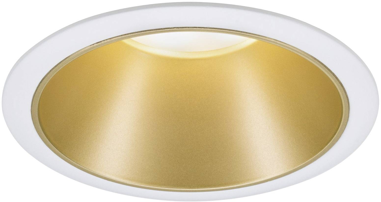 Luminaire encastré rond de couleur blanche avec réflecteur intérieur doré, diffusant une lumière chaude vers le bas. Adapté aux espaces de vie modernes.
