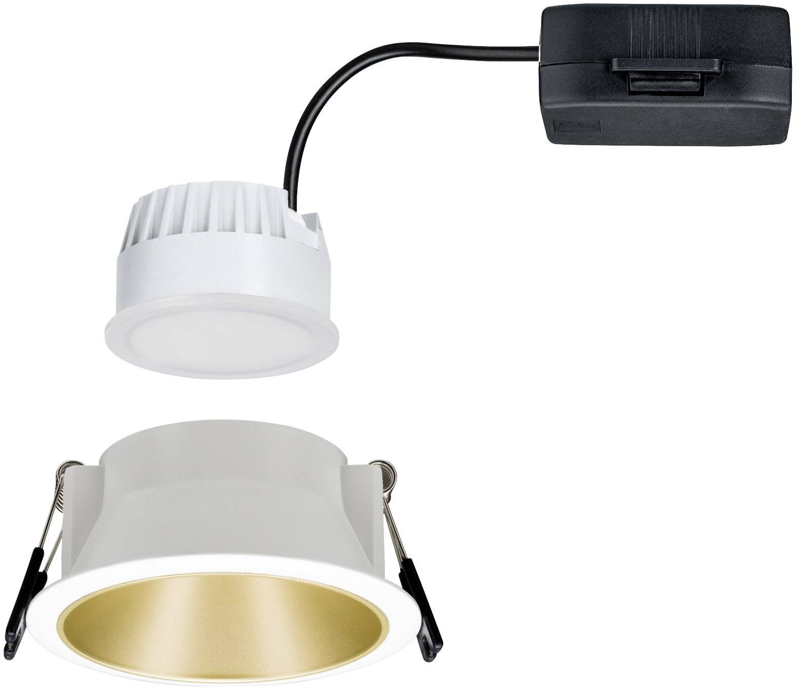 Un spot encastré de plafond à LED avec un boîtier rond en blanc et or. Le spot est relié à un transformateur rectangulaire noir.